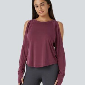 Halara Round Neck Cold Shoulder Long Sleeve Thumb Hole Curved Hem Top